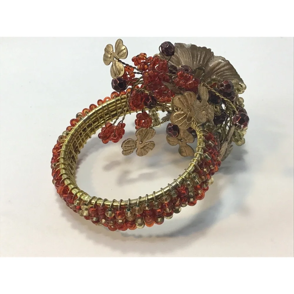 Holiday Round Napkin Rings 2 sets (6) And (8) Beaded Red and Gold Floral